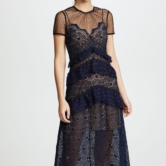 SELF PORTRAIT Lace Paneled Maxi Navy Blue Dress